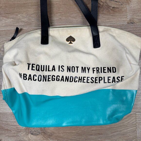Kate Spade Tequila is Not My Friend Bacon Egg and Cheese Please Purse Tote Teal - Picture 8 of 16